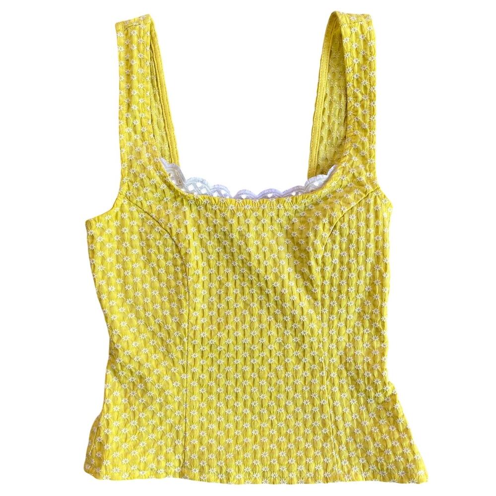 Urban Outfitters Yellow Picot Trim Embroidered Daisy Floral Size XS